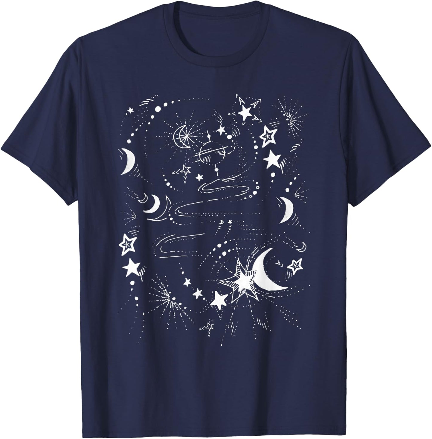 Starry Universe Illustration Moon Stars Celestial Night Sky T-Shirt - T-Shirt | Navy