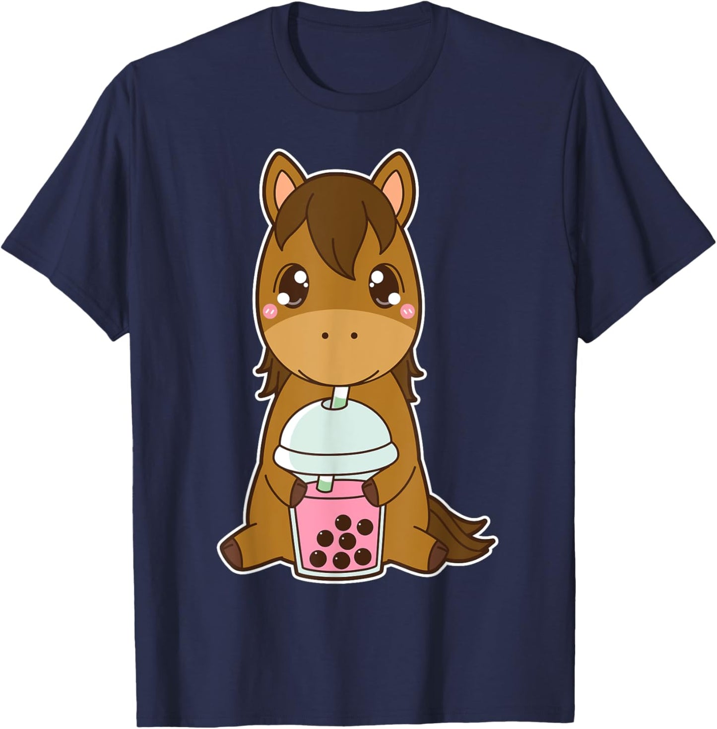 Kawaii Cute Zodiac Boba Horse Strawberry Bubble Milk Tea T-Shirt - T-Shirt | Navy