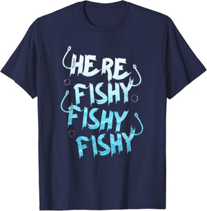 Fishing Here Fishy Love Summer Lake Fisher man T-Shirt - T-Shirt | Navy