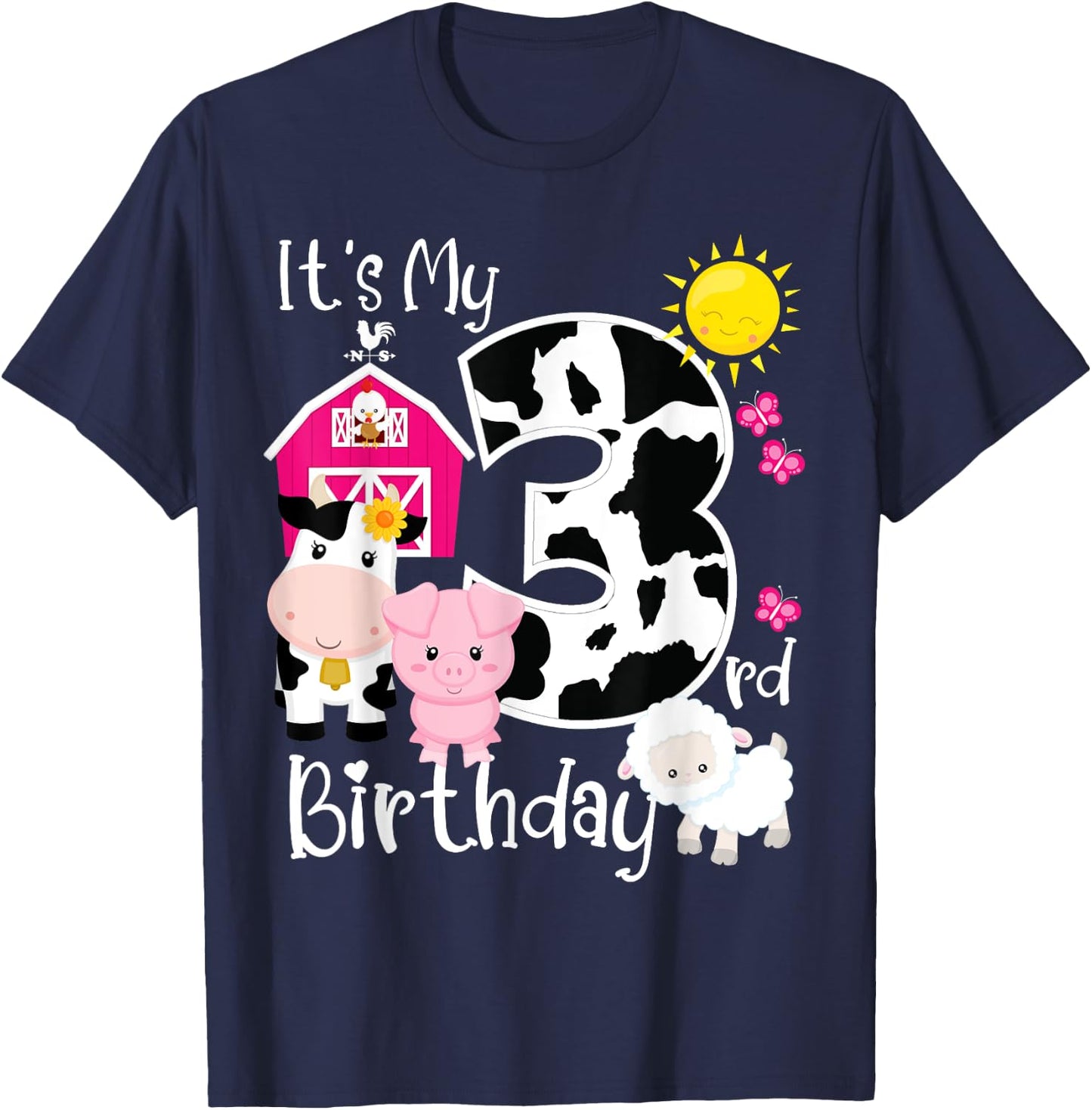 Farm Animals 3 Year Old It's My 3rd Birthday Party Bday Girl T-Shirt - T-Shirt | Navy
