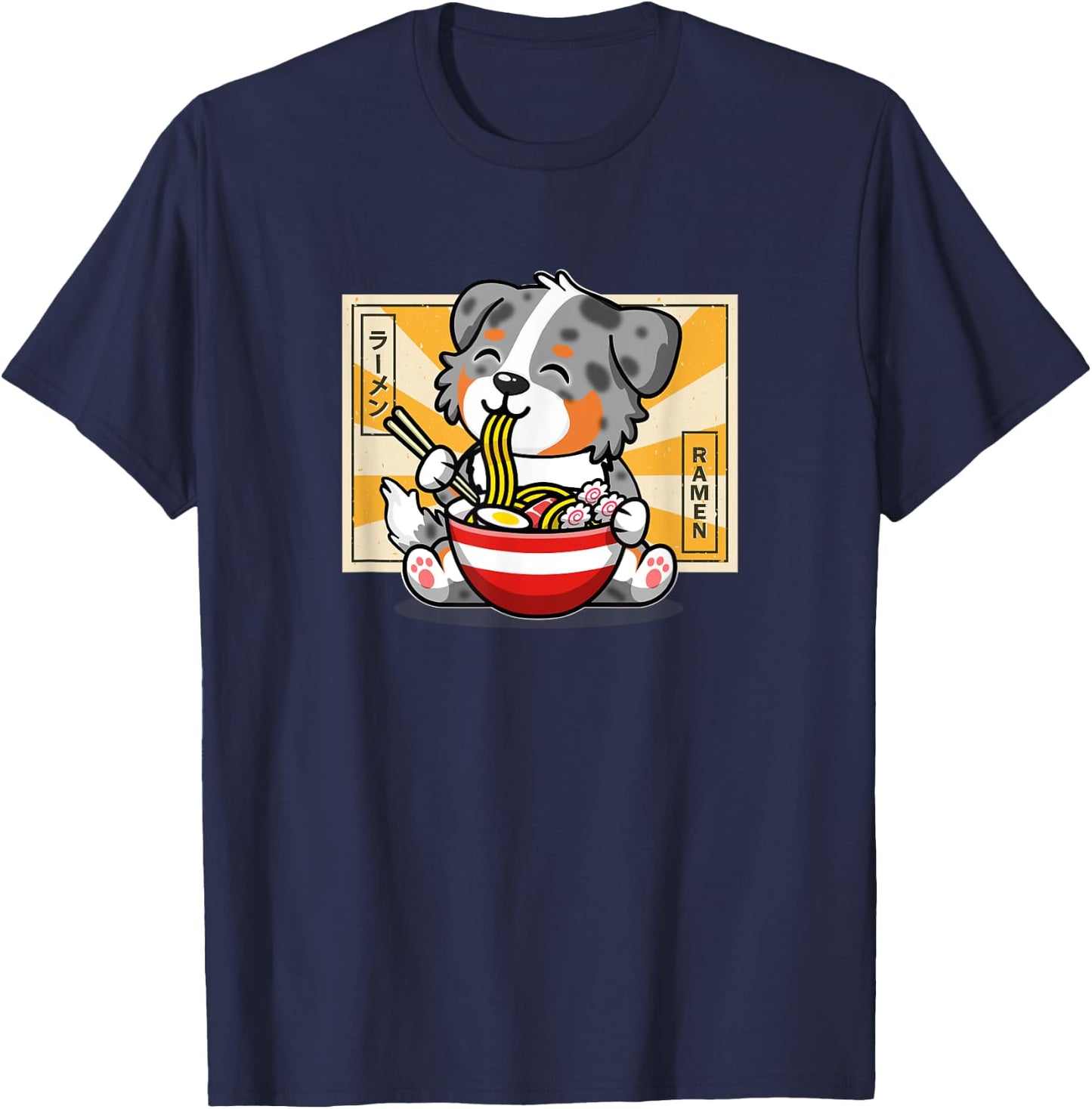 Funny Kawaii Kids Ramen Blue Merle Australian Shepherd Lover T-Shirt - T-Shirt | Navy