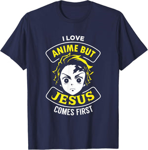 I Love Anime But Jesus Comes First - Christian Japan Yellow T-Shirt - T-Shirt | Navy