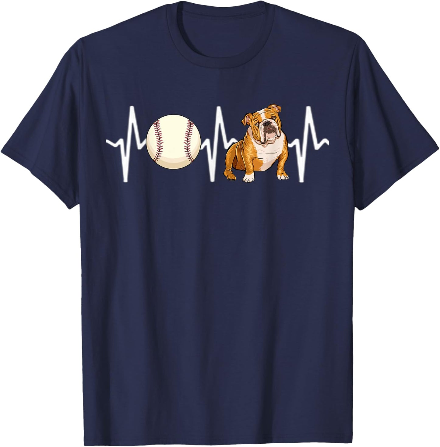 Baseball Bulldog Heartbeat Dog Lover T-Shirt - T-Shirt | Navy