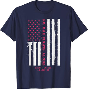 No One Fights Alone USA Flag Breast Cancer Awareness Gift T-Shirt - T-Shirt | Navy