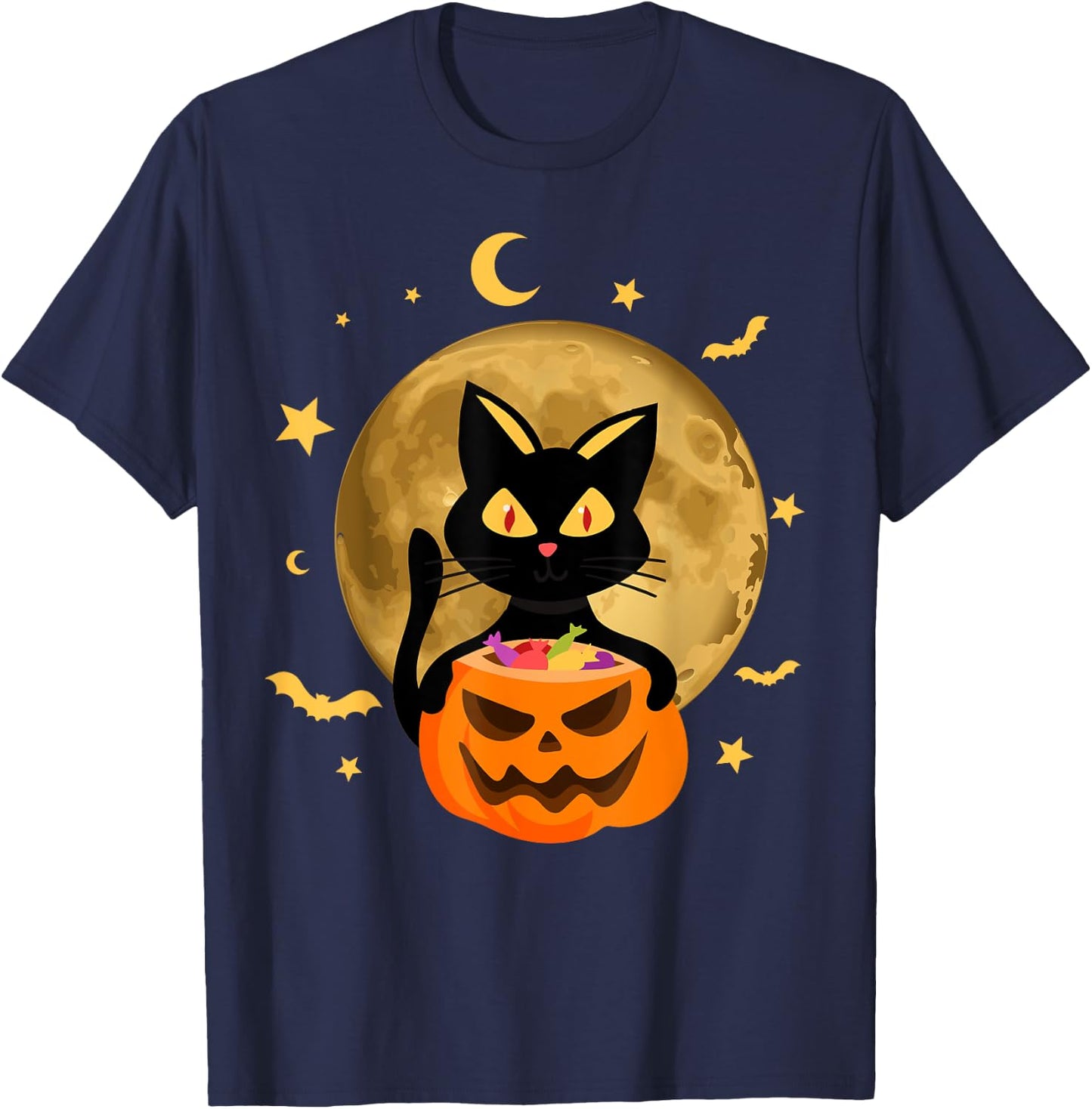 Halloween Black Cat Scary Pumpkin On the Moon Men Women Kids T-Shirt - T-Shirt | Navy