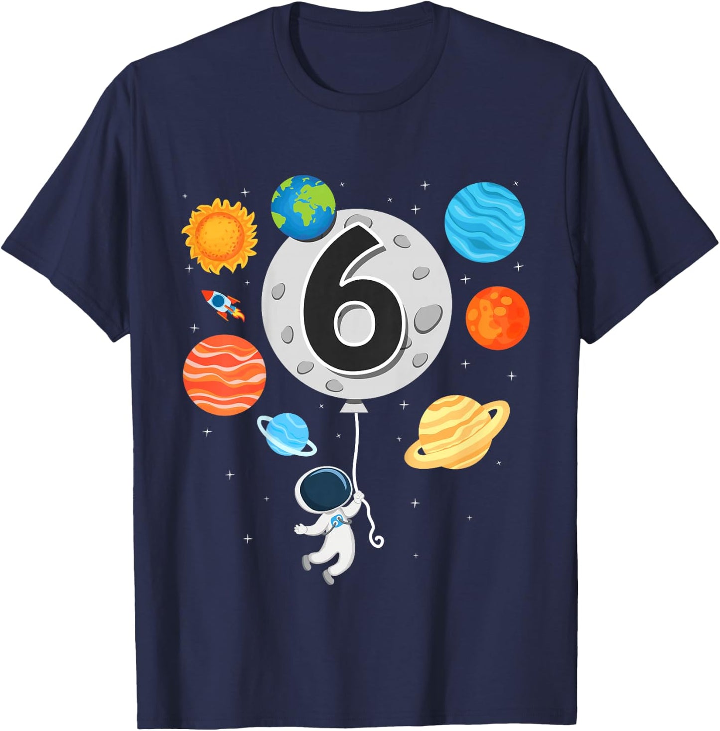 Kids 6th Birthday Astronaut Balloon Planet 6 Year Old Boy T-Shirt - T-Shirt | Navy