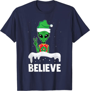 Christmas Alien Believe Elf Hat Holiday UFO Ugly Xmas T-Shirt - T-Shirt | Navy