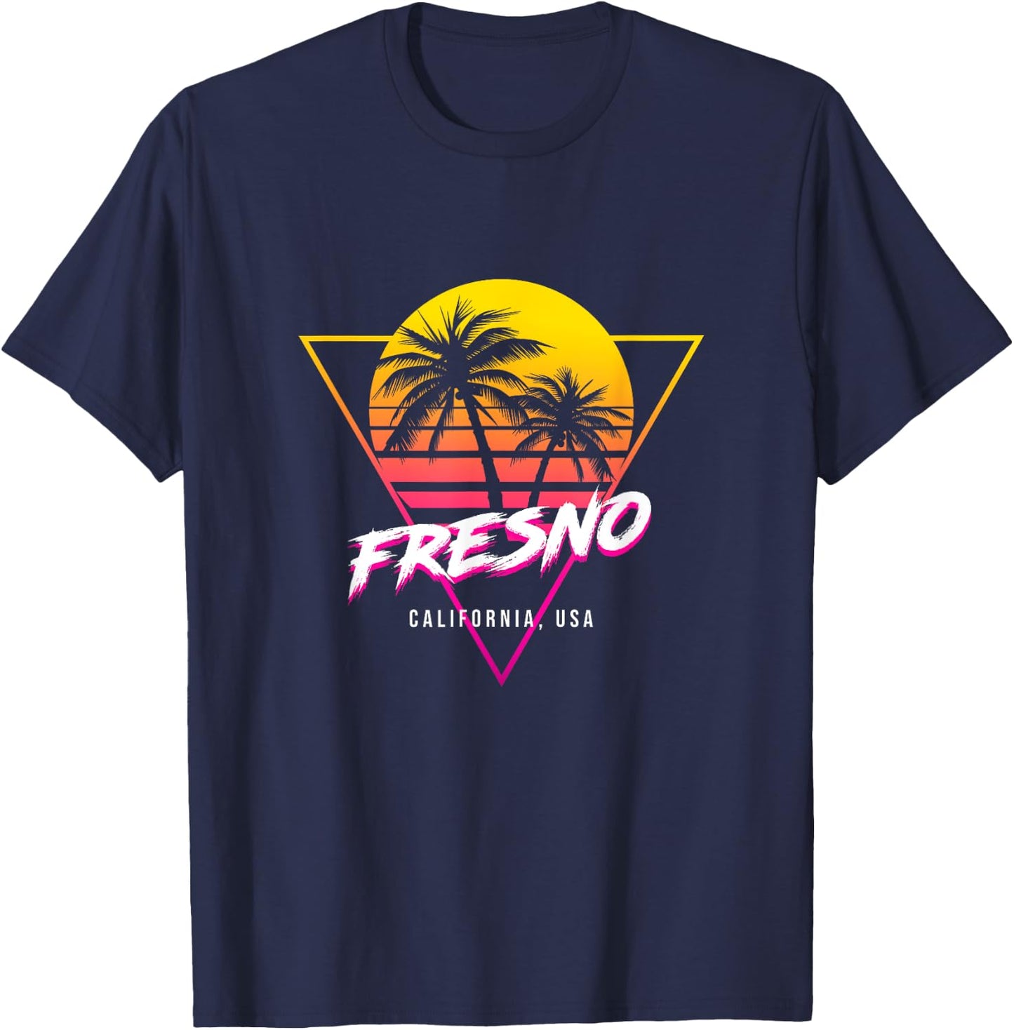 Fresno California Palm Trees USA Surfing Retro Sun T-Shirt - T-Shirt | Navy