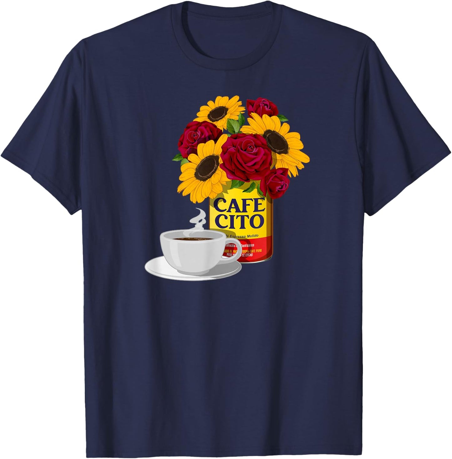 Cafecito and Confidence Cafe con Flores - -Adults, Black, Small, Short Sleeve, Classic Fit, Cotton Blend, Floral, Vacation, Classic, Unique Design T-Shirt - T-Shirt | Navy