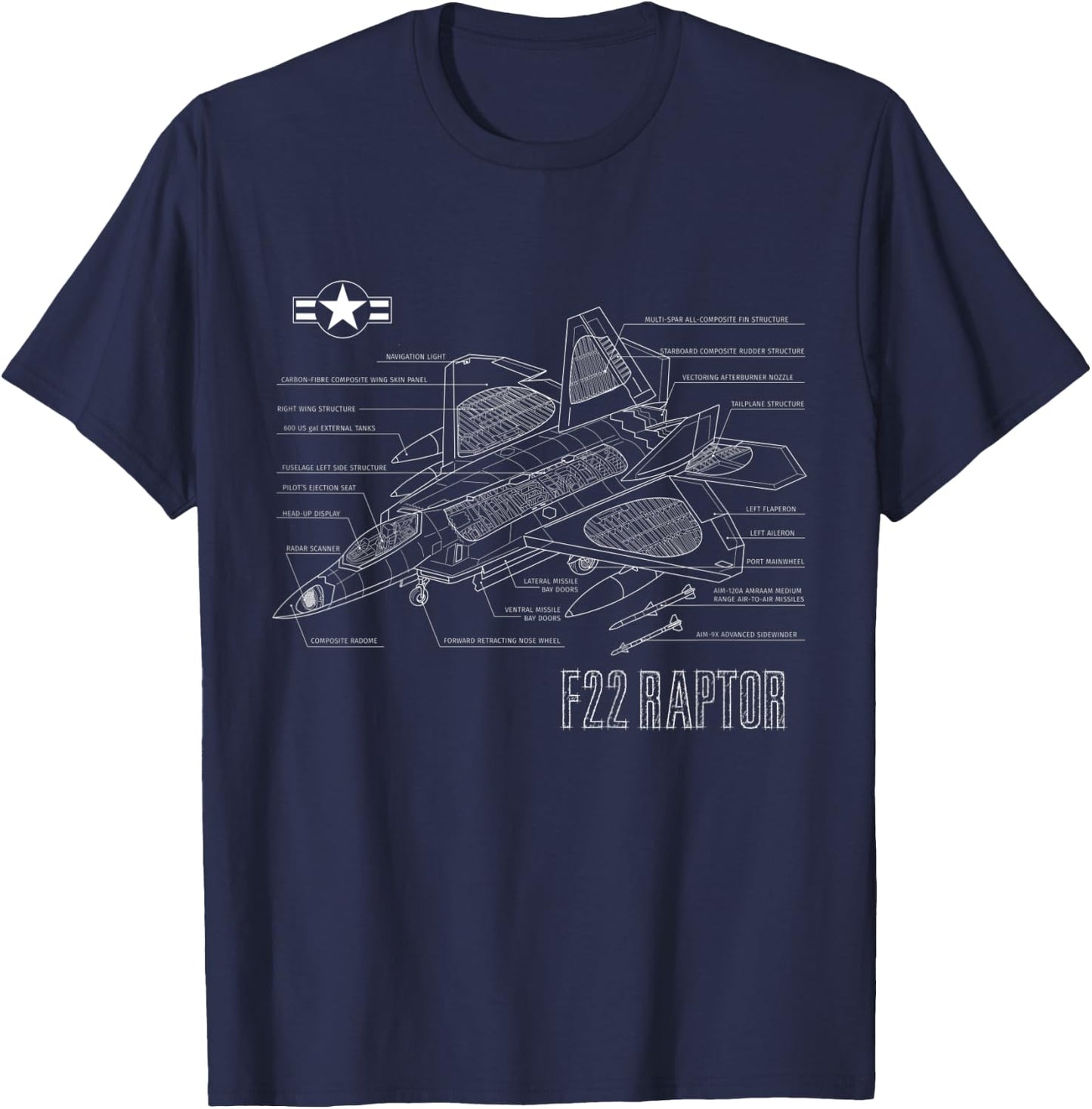 Kids American Aircraft Stealth Fighter F22 Raptor Blueprint T-Shirt - T-Shirt | Navy