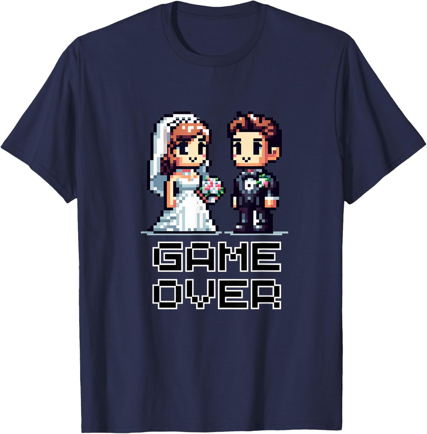Funny Groom Bride Wedding Bachelor Party Retro Pixel Art T-Shirt - T-Shirt | Navy