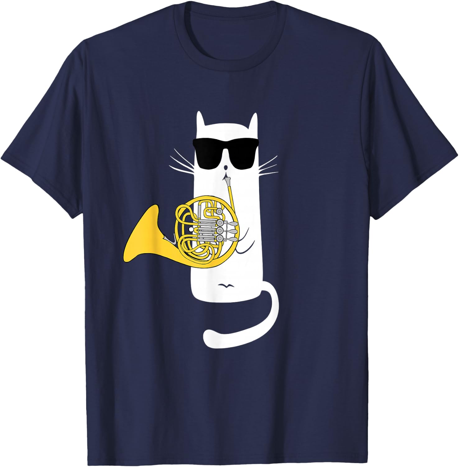 Funny Cat Wearing Sunglasses Playing French Horn T-Shirt - T-Shirt | Navy
