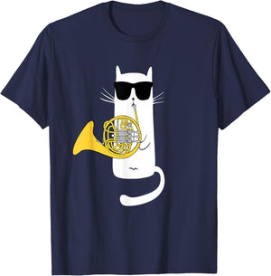 Funny Cat Wearing Sunglasses Playing French Horn T-Shirt - T-Shirt | Navy