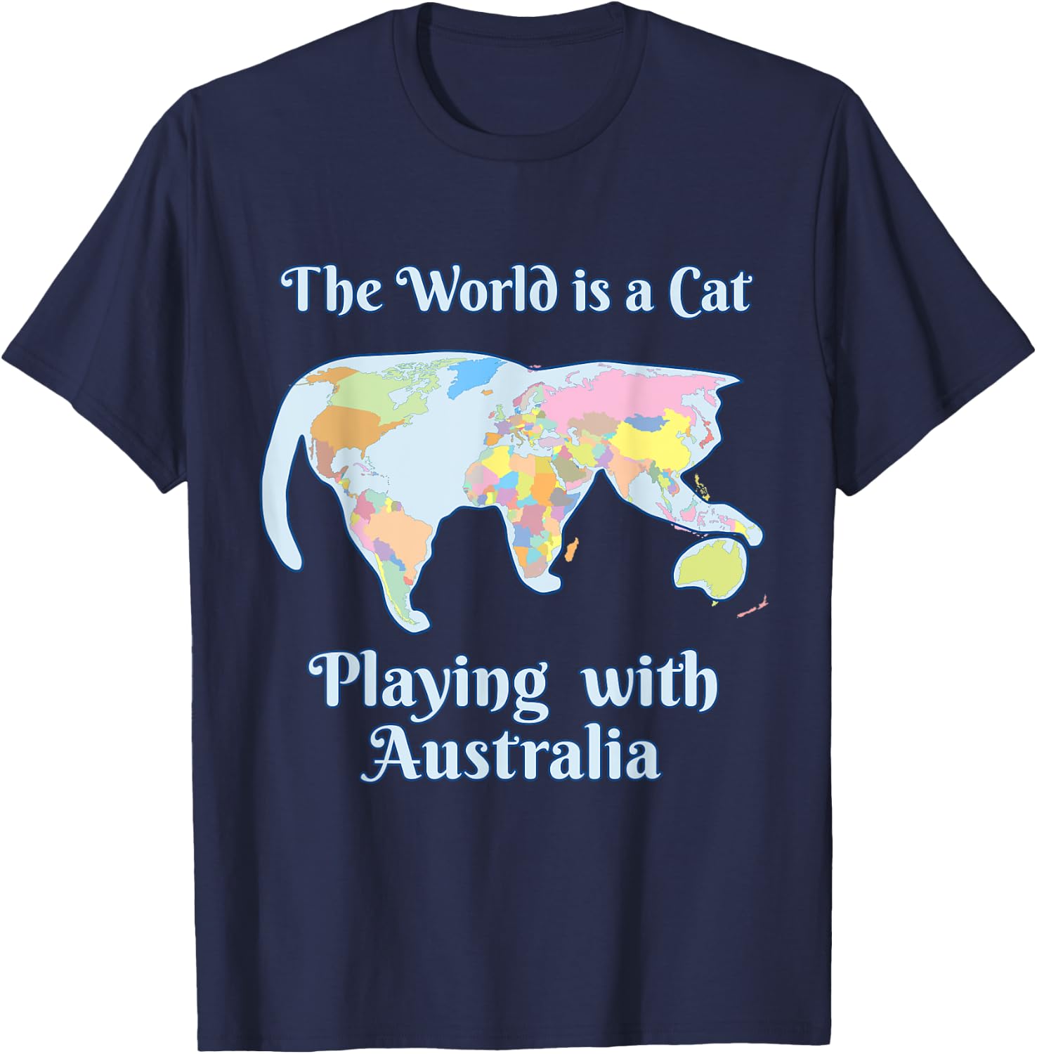 Funny World is a Cat Playing Map T-Shirt - T-Shirt | Navy