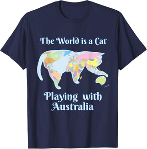 Funny World is a Cat Playing Map T-Shirt - T-Shirt | Navy