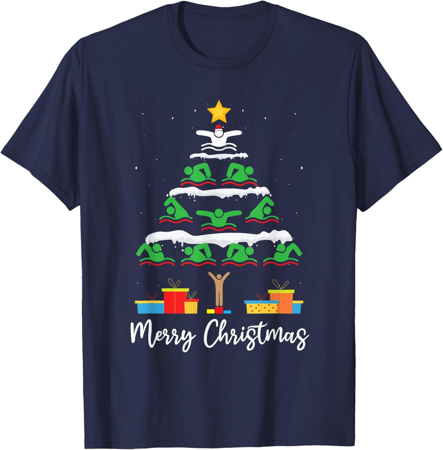 Merry Christmas Santa Christmas Tree Swiming Lover Swimmer T-Shirt - T-Shirt | Navy