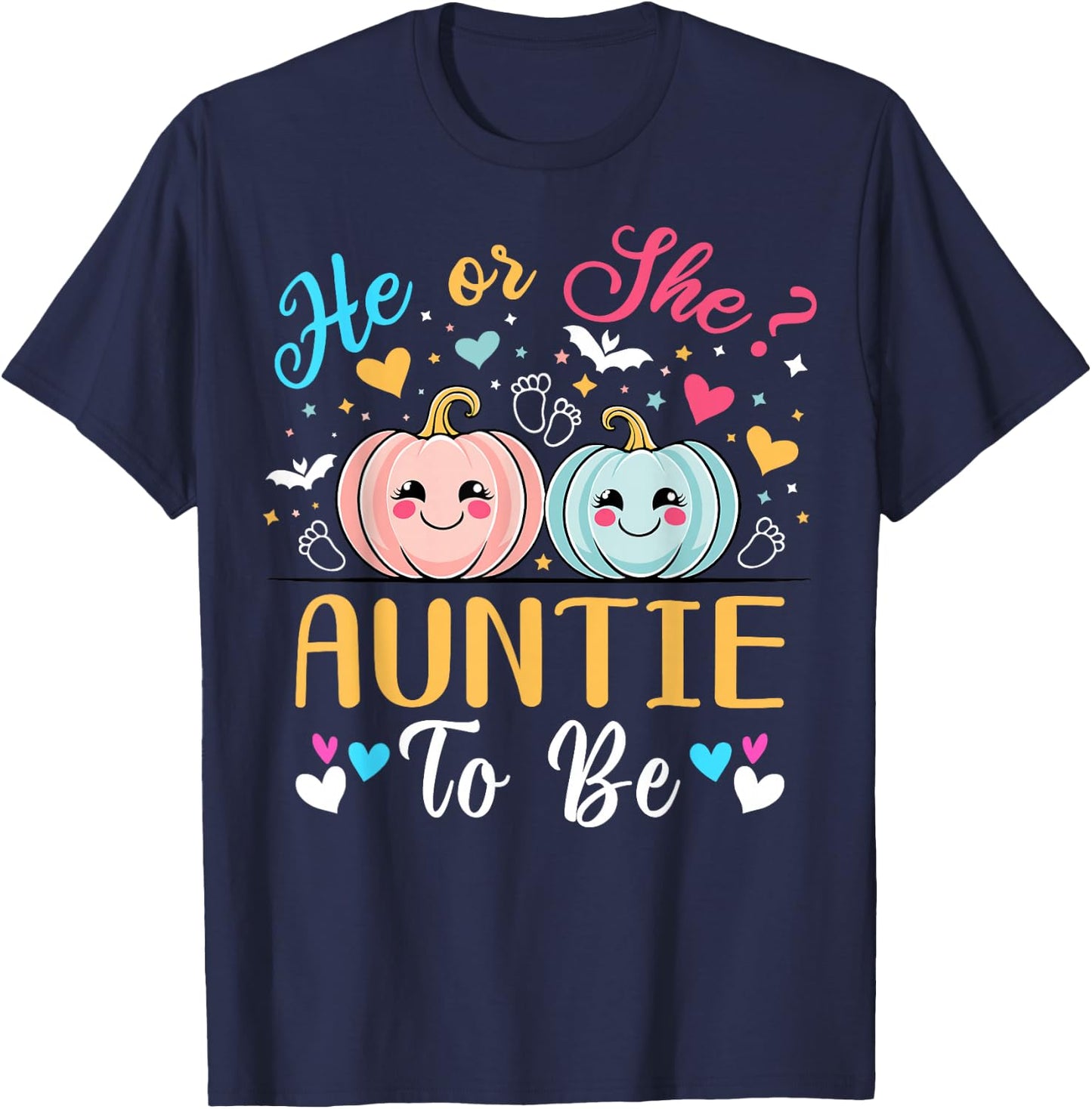Halloween Gender Reveal He or She Auntie to Be Pumpkin T-Shirt - T-Shirt | Navy