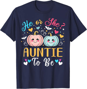 Halloween Gender Reveal He or She Auntie to Be Pumpkin T-Shirt - T-Shirt | Navy