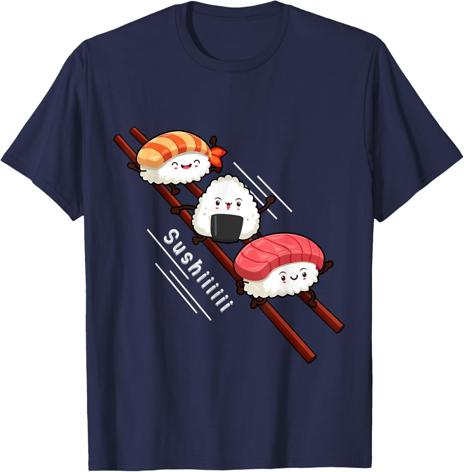 Sushi Sliding On Chopsticks Funny Kawaii Anime Japanese food T-Shirt - T-Shirt | Navy