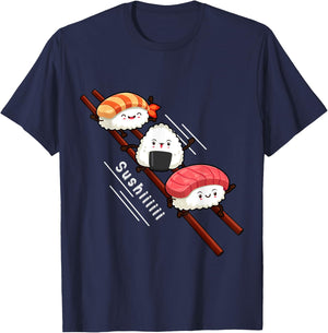 Sushi Sliding On Chopsticks Funny Kawaii Anime Japanese food T-Shirt - T-Shirt | Navy