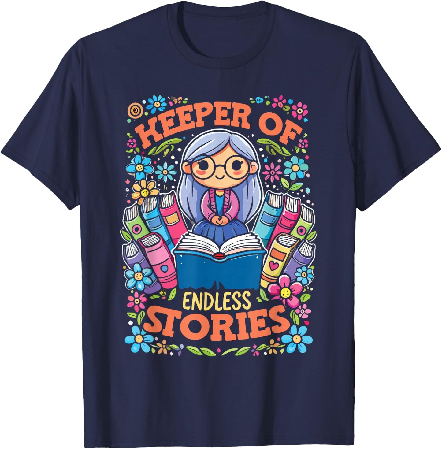 Keeper Of Endless Stories | Librarian Reader Bookworm T-Shirt - T-Shirt | Navy