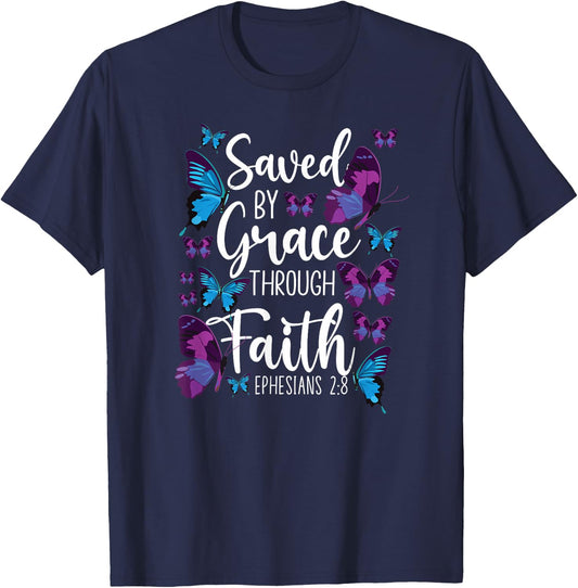 Christian Bible Verse Quote Butterfly Ephesians 2:8 T-Shirt - T-Shirt | Navy