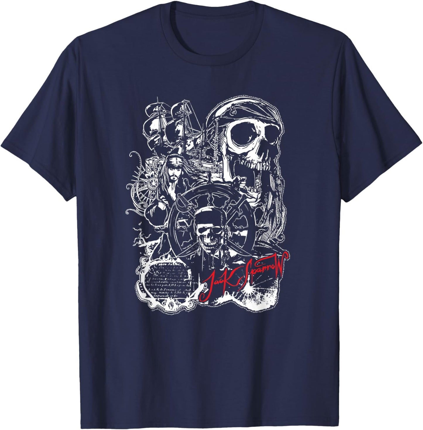Disney Pirates of The Caribbean Jack Sparrow White Outline T-Shirt - T-Shirt | Navy