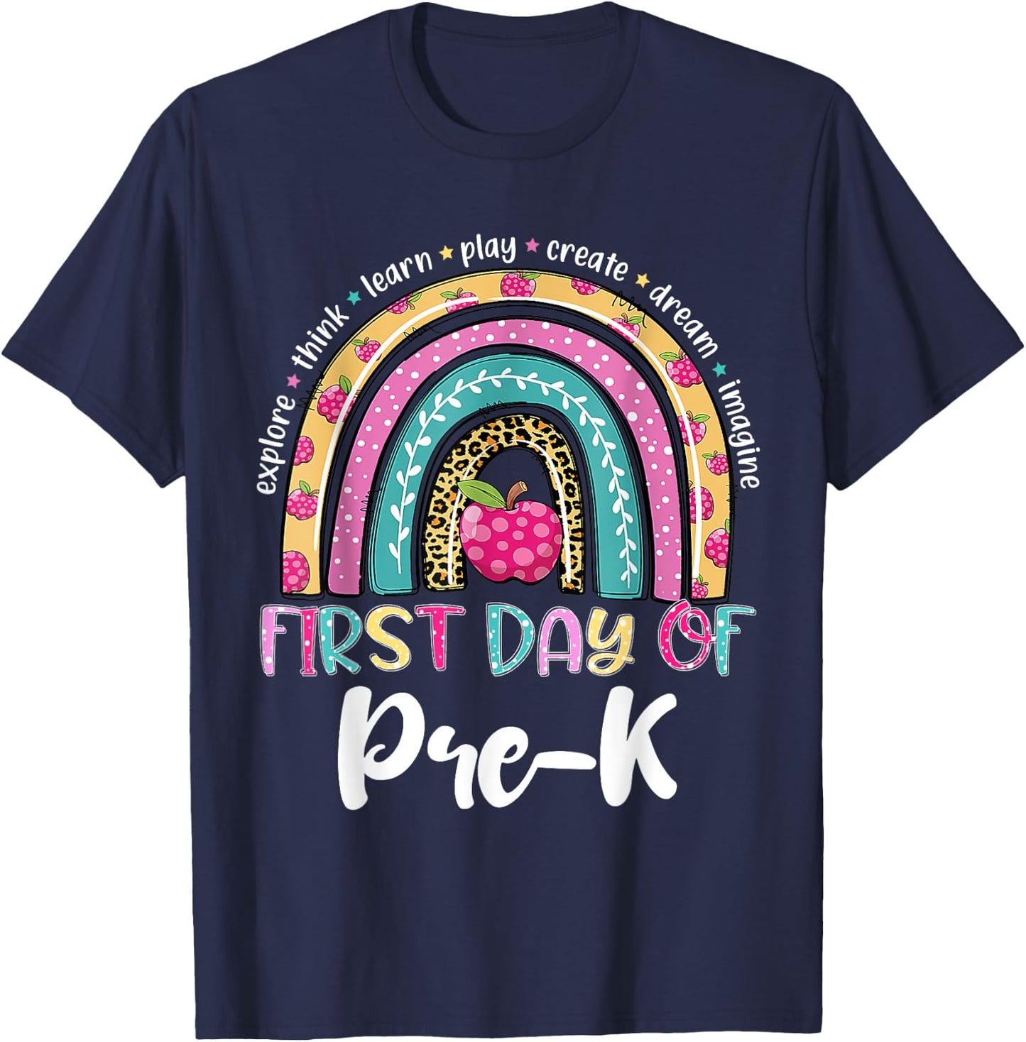 Back To School Shirt Rainbow Happy First Day Of Pre-K Gift T-Shirt - T-Shirt | Navy