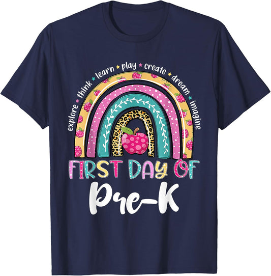 Back To School Shirt Rainbow Happy First Day Of Pre-K Gift T-Shirt - T-Shirt | Navy
