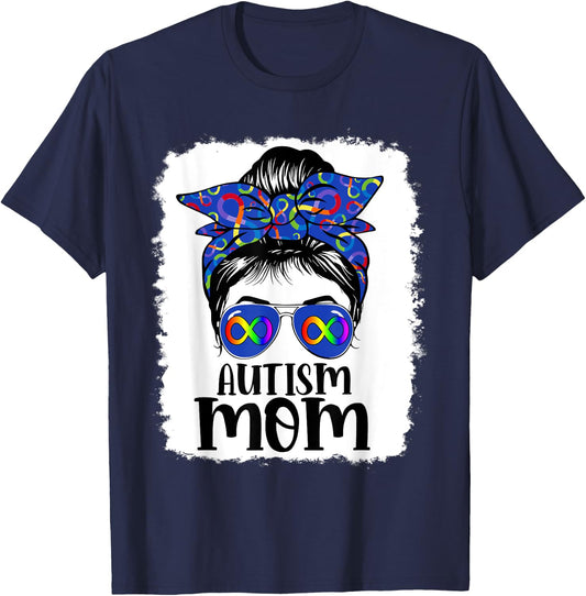 Mom Autism Awareness Messy Bun Infinity Rainbow Bleached T-Shirt - T-Shirt | Navy