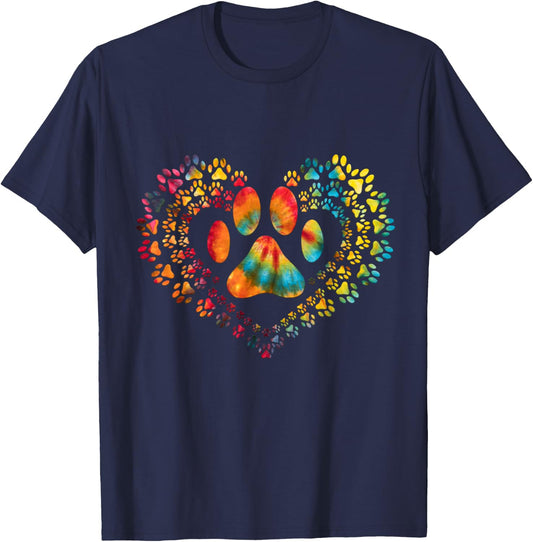 Tie Dye Love Dog Paw Print Heart Animal Lover T-Shirt - T-Shirt | Navy