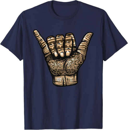 Polynesian Shaka Hand Art Men Women Hawaiian Tribal Tattoo T-Shirt - T-Shirt | Navy