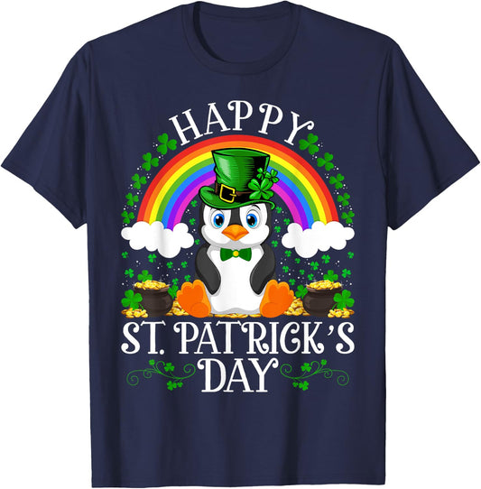 Penguin Bird Lover Rainbow Vintage Penguin St. Patrick's Day T-Shirt - T-Shirt | Navy
