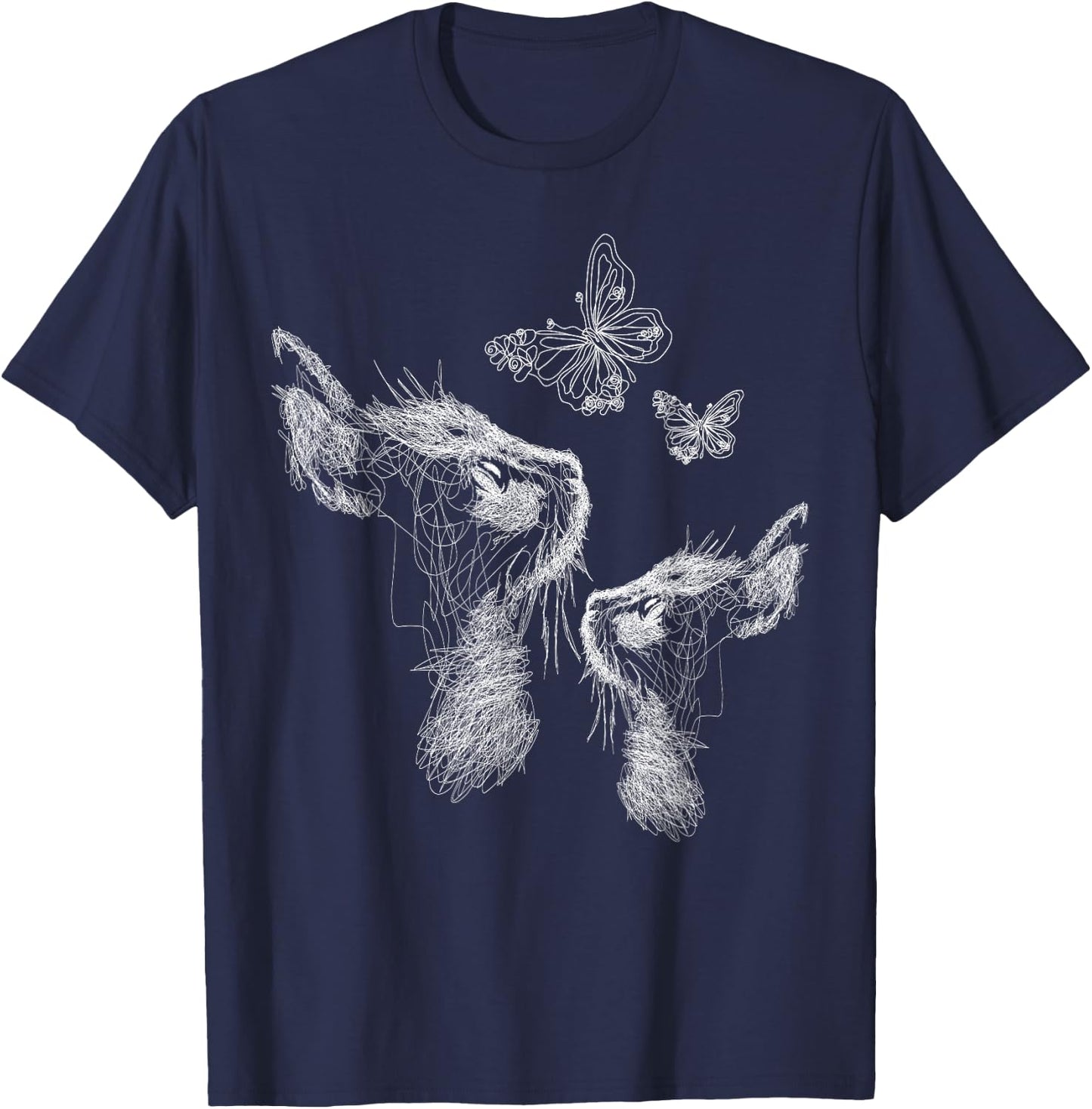 Cat with Kitten and Butterflies, scribble art T-Shirt - T-Shirt | Navy