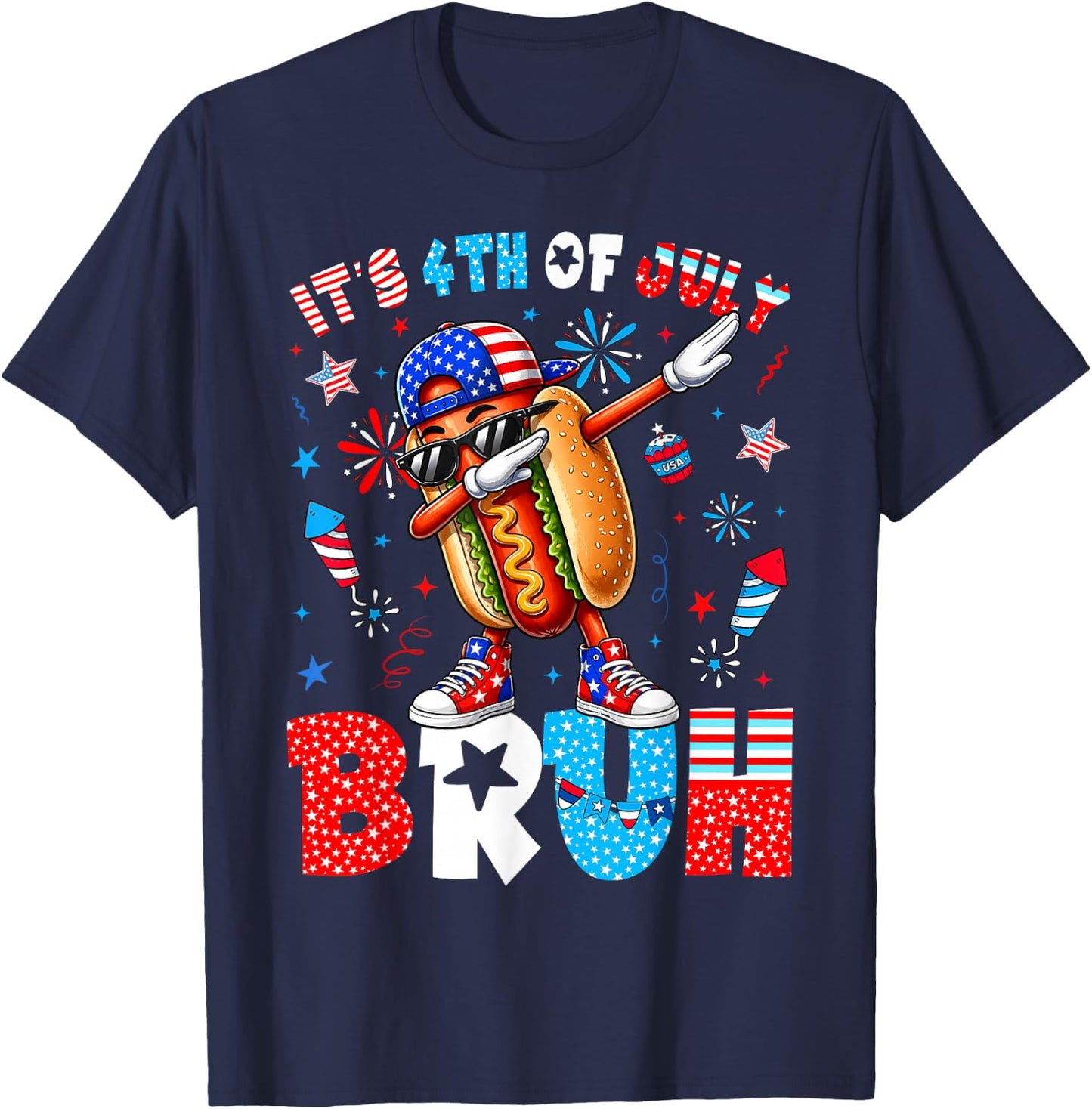 4th of July Its Fourth of July Bruh Dabbing Hotdog Boy Girl T-Shirt - T-Shirt | Navy