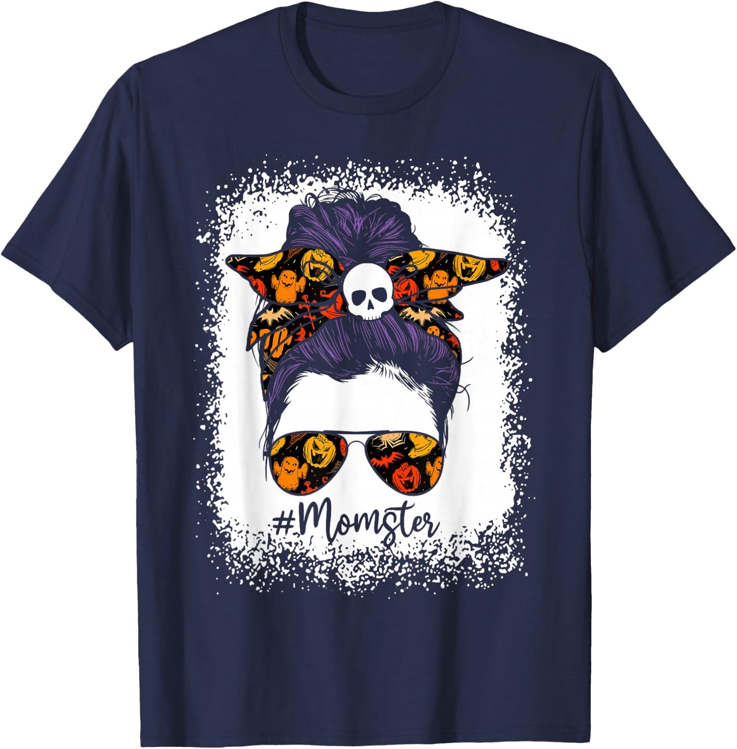 Women Bleached Momster Messy Bun Halloween T-Shirt - T-Shirt | Navy