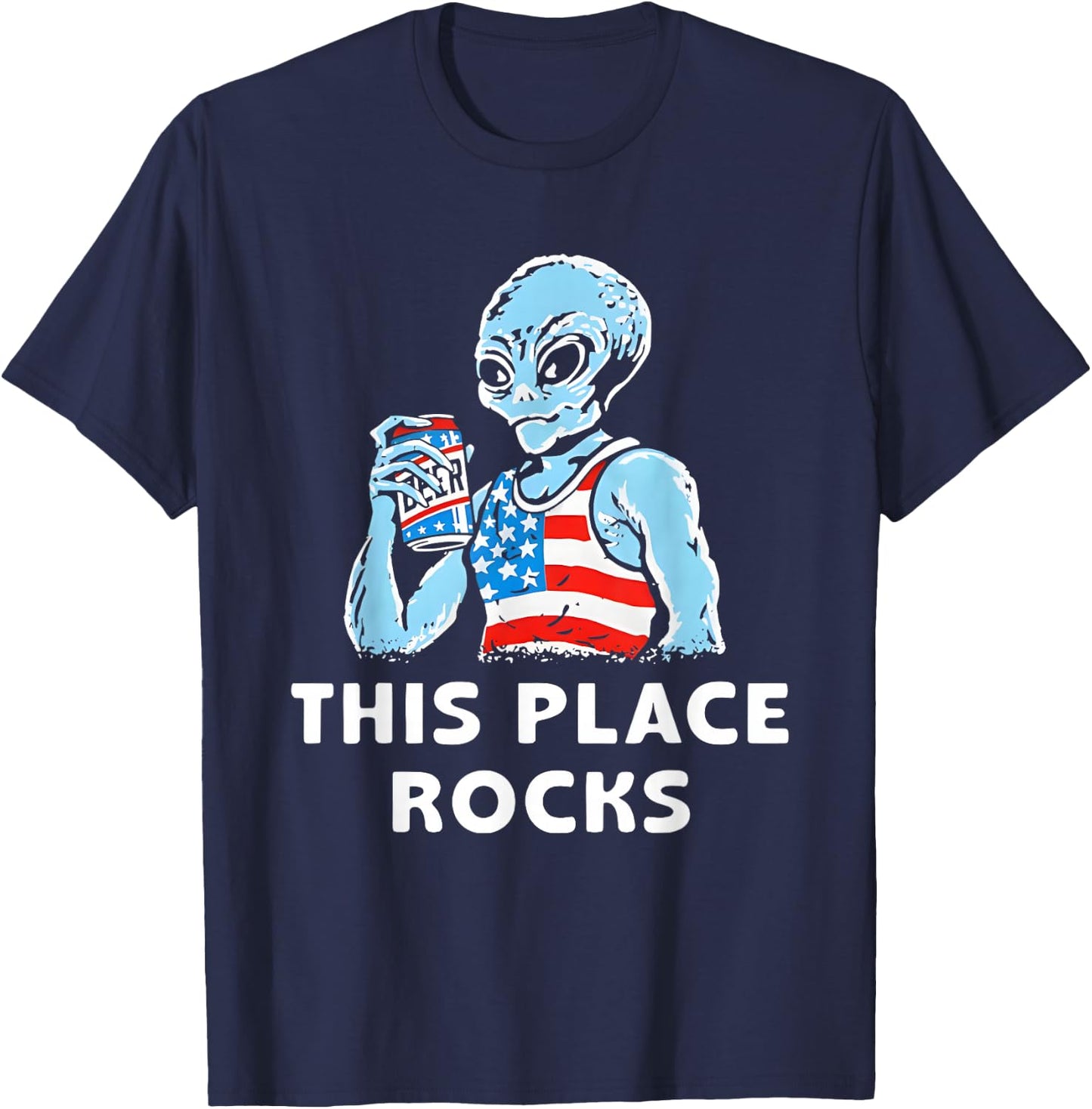 This Place Rocks Blue Alien Wearing an American Flag T-Shirt - T-Shirt | Navy