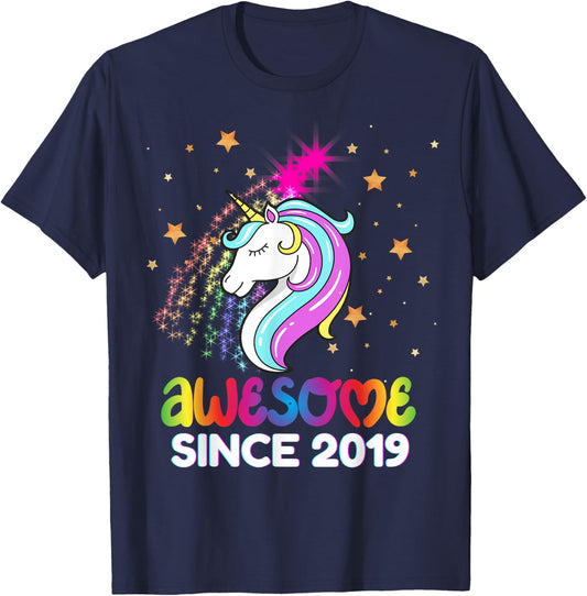 Fourth 5th Birthday Awesome Since 2019 Rainbows and Unicorn T-Shirt - T-Shirt | Navy