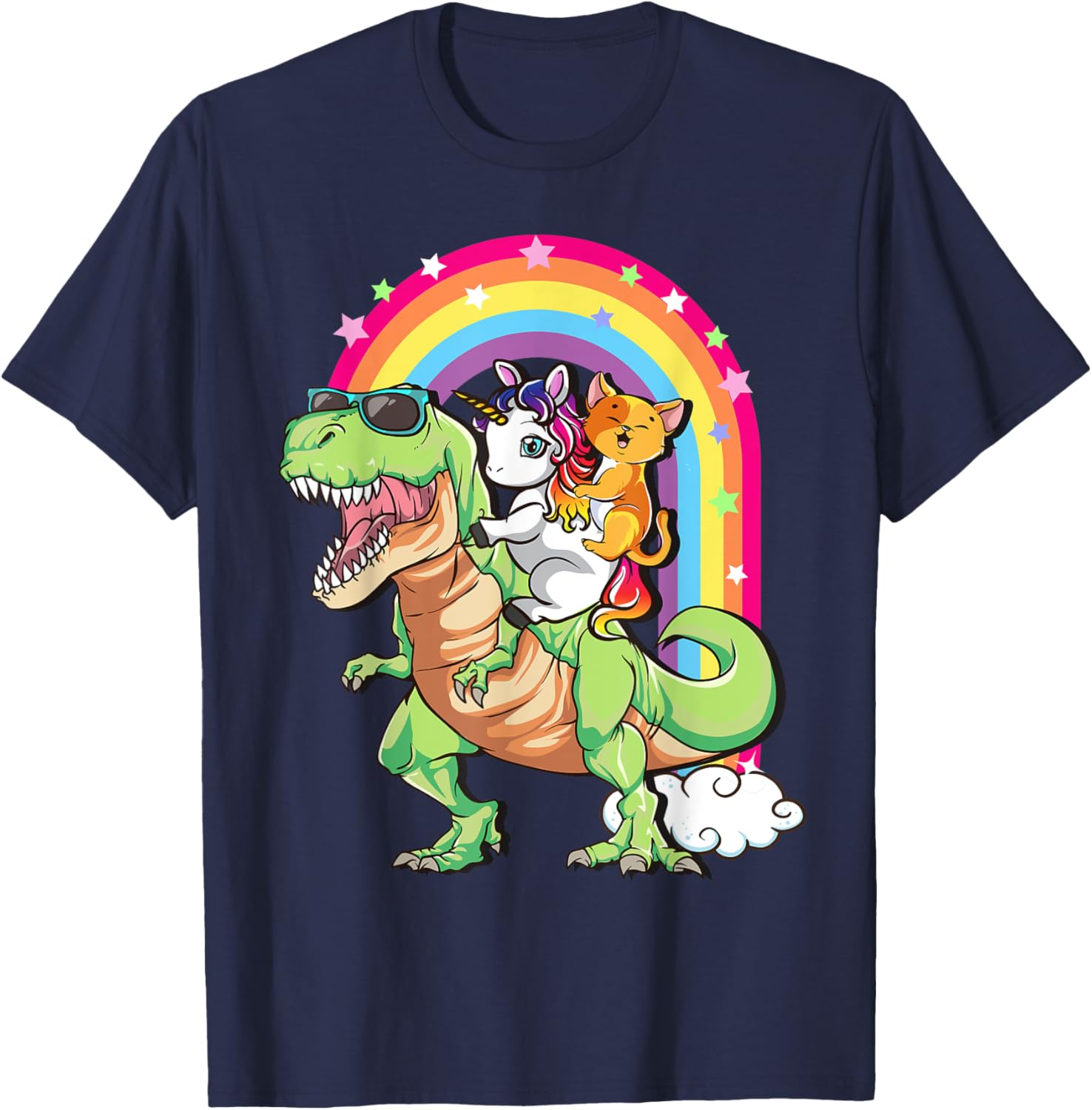 Cute Cat Unicorn Riding T Rex Dinosaur Kids Teens Toddlers T-Shirt - T-Shirt | Navy