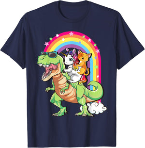 Cute Cat Unicorn Riding T Rex Dinosaur Kids Teens Toddlers T-Shirt - T-Shirt | Navy