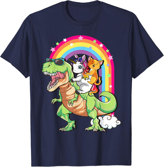 Cute Cat Unicorn Riding T Rex Dinosaur Kids Teens Toddlers T-Shirt - T-Shirt | Navy