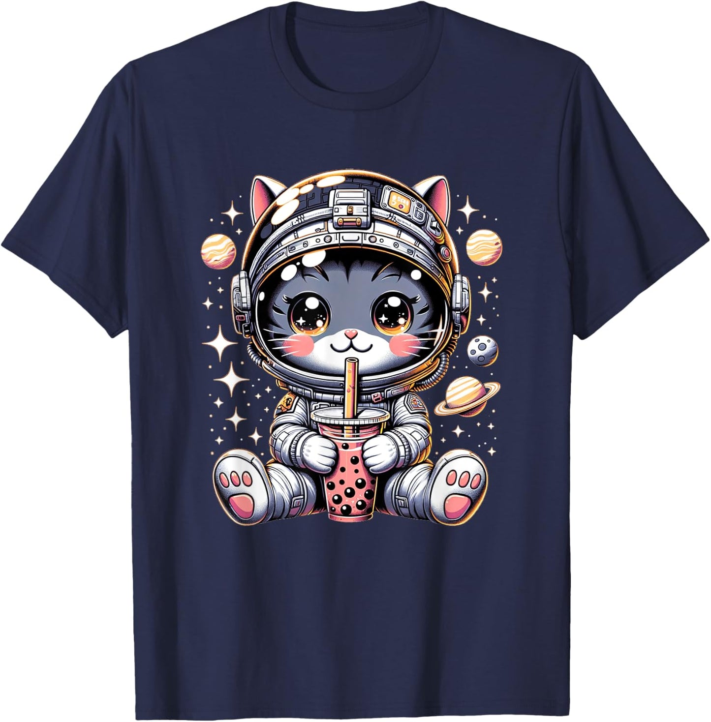 Cat in Space Kawaii Cat Girls Anime Astronaut Bubble Tea T-Shirt - T-Shirt | Navy