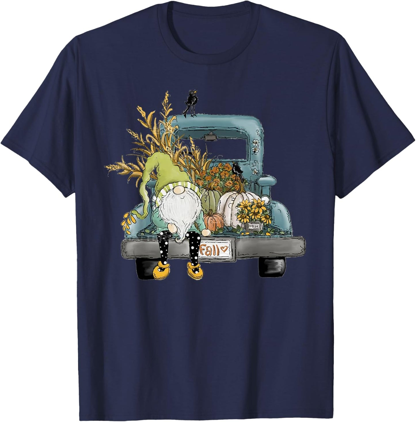 Fall Gnome Vintage Truck and Pumpkin T-Shirt - T-Shirt | Navy