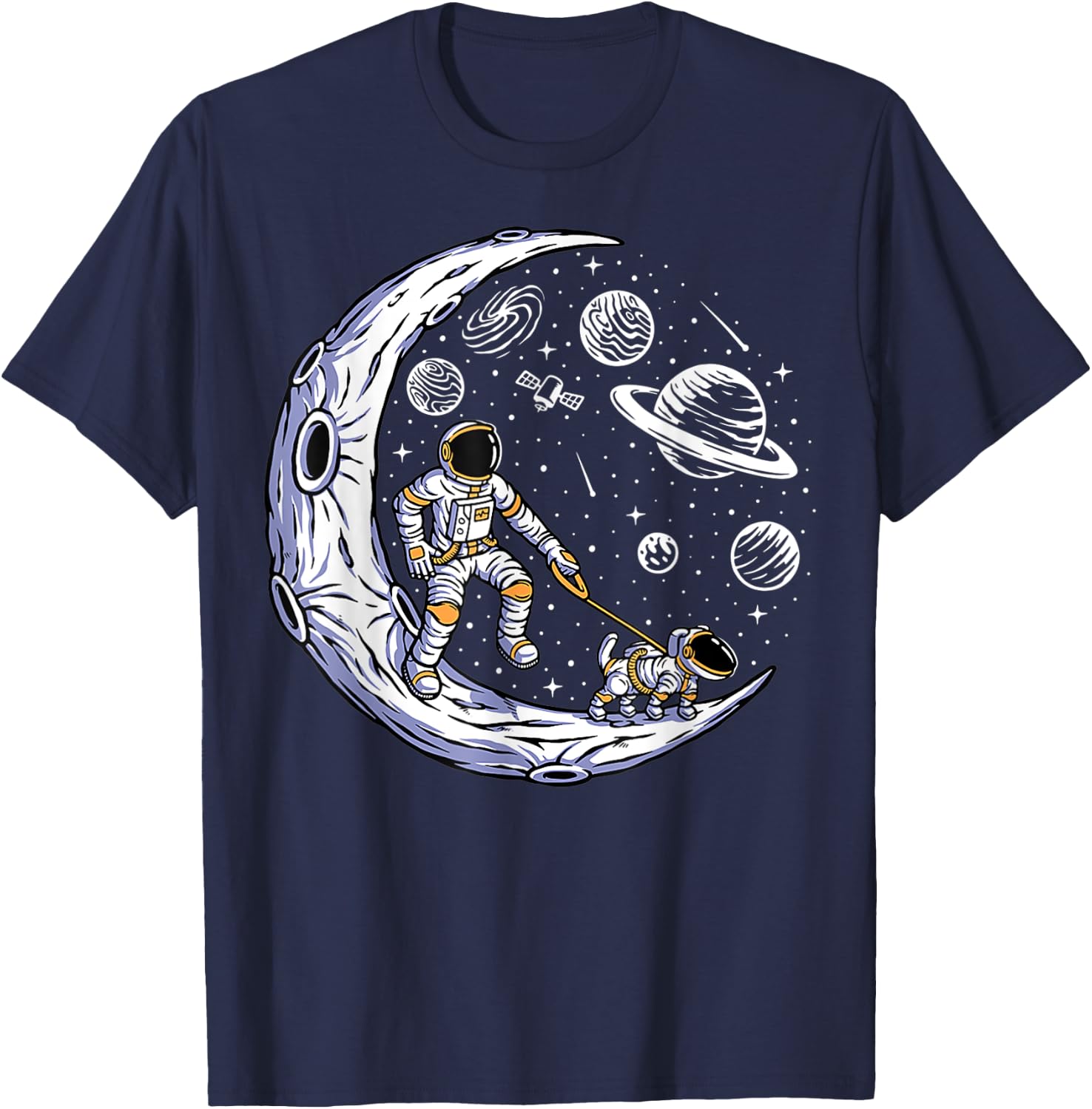 Astronaut Walking A Dog On The Moon In Space T-Shirt - T-Shirt | Navy