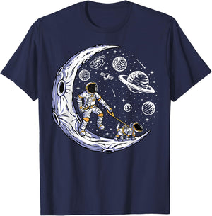 Astronaut Walking A Dog On The Moon In Space T-Shirt - T-Shirt | Navy