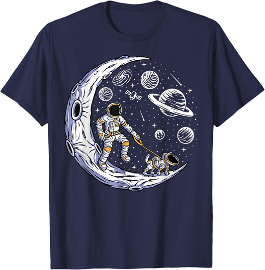 Astronaut Walking A Dog On The Moon In Space T-Shirt - T-Shirt | Navy