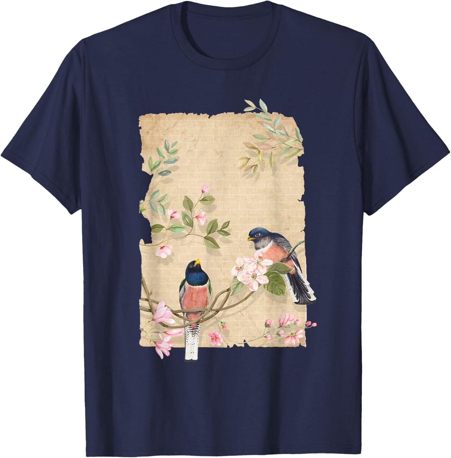 Bird and Flowers Art Japanese Woodblock Inspired Birds T-Shirt - T-Shirt | Navy