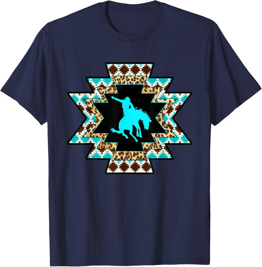 Cowgirl Rodeo Girl Horse Girl Serape Aztec print Turquoise T-Shirt - T-Shirt | Navy