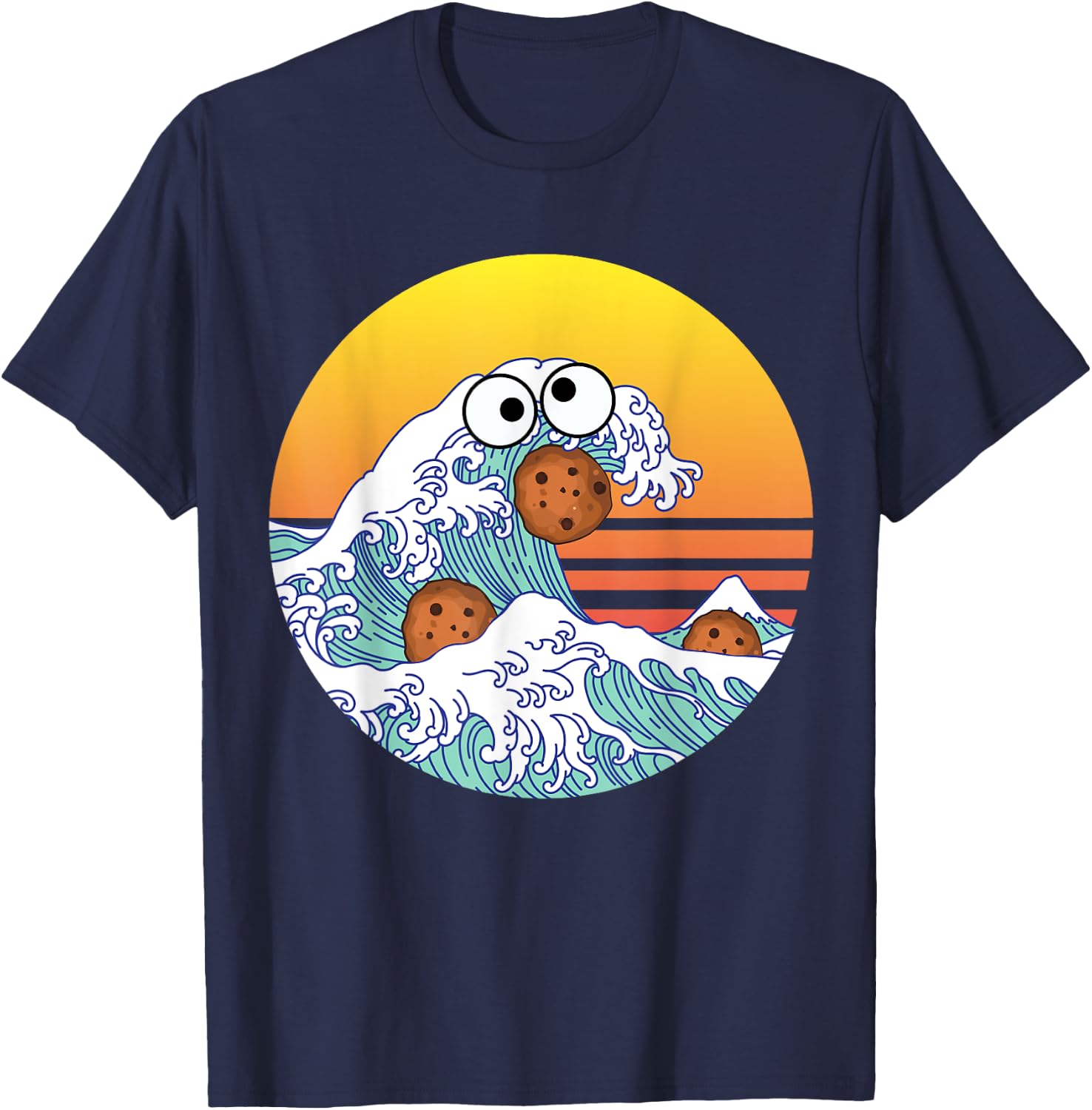 Retro Great Wave Monster Eating Cookies Funny Cookie Wave T-Shirt - T-Shirt | Navy