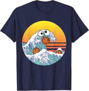 Retro Great Wave Monster Eating Cookies Funny Cookie Wave T-Shirt - T-Shirt | Navy